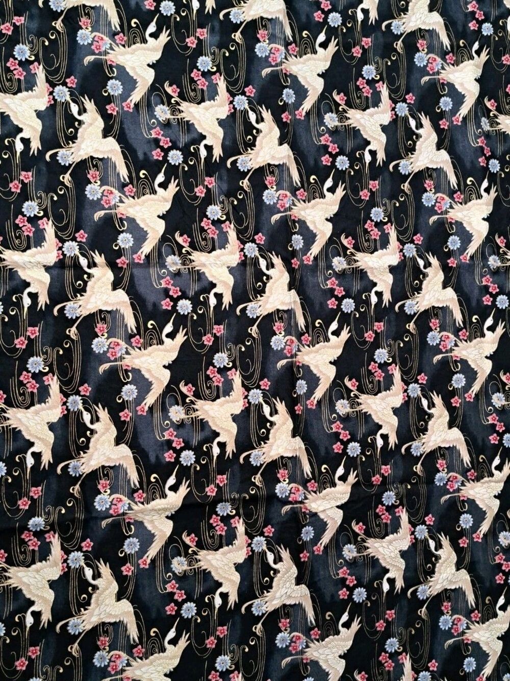 JOANN Cotton Quilt Fabric Japanese Cranes Floral on Black 1 Yard